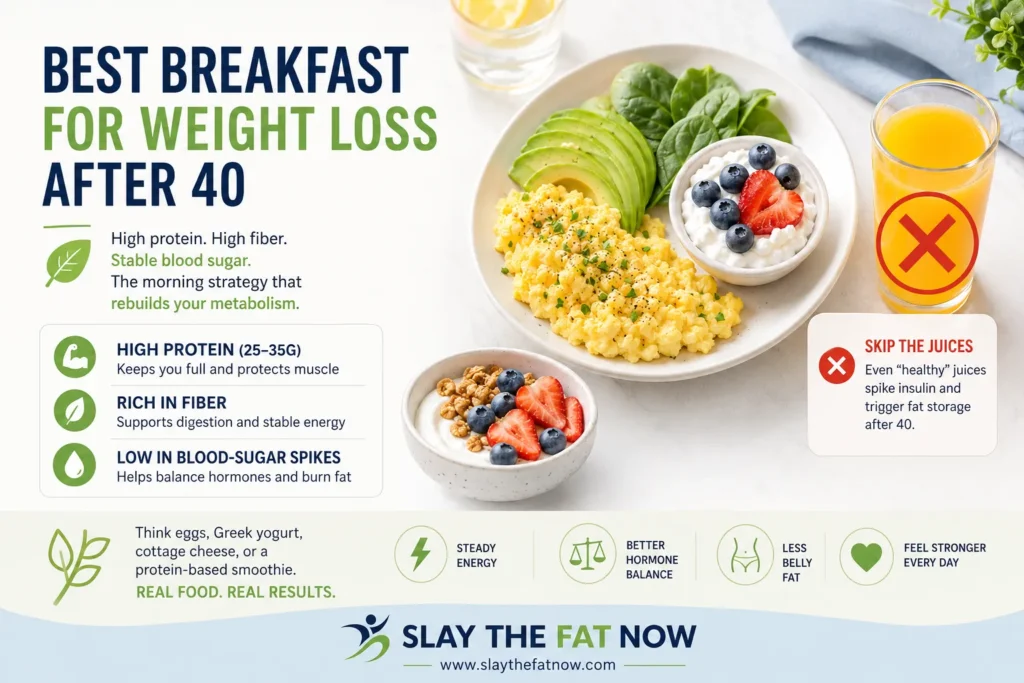 Best breakfast for weight loss after 40 with high protein foods and no juice concept