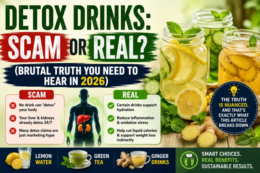 Detox drinks scam or real infographic showing lemon water, green tea, and ginger drinks with detox myths and real health benefits.