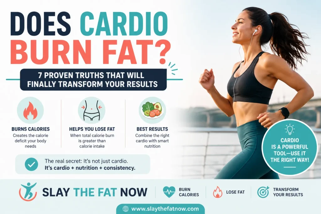 Does Cardio Burn Fat? 7 Proven Truths That Will Finally Transform Your Results.Fitness infographic explaining does cardio burn fat with a woman running and tips for cardio, fat loss, and nutrition.