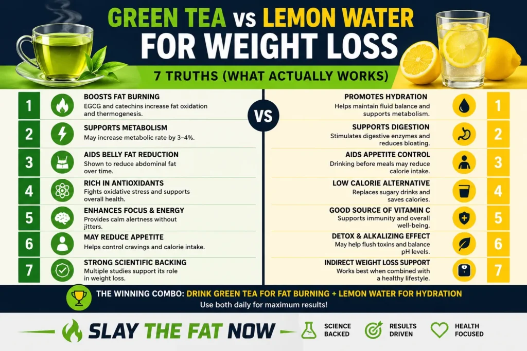 Green Tea vs Lemon Water for Weight Loss infographic showing metabolism, fat burning, hydration, and appetite control benefits.