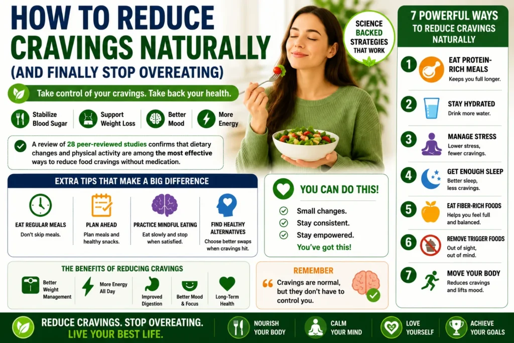 How to Reduce Cravings Naturally (and Finally Stop Overeating). It infographic showing healthy eating habits, hydration, sleep, stress management, and ways to stop overeating.