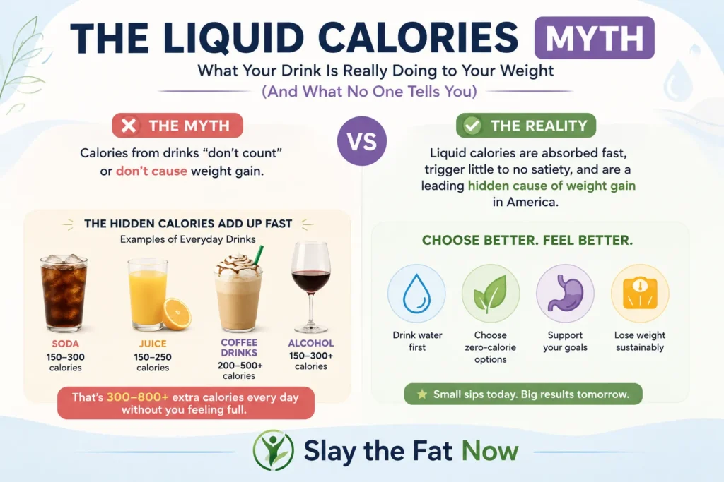Infographic explaining the liquid calories myth and how sugary drinks, juice, coffee drinks, and alcohol contribute to hidden weight gain.