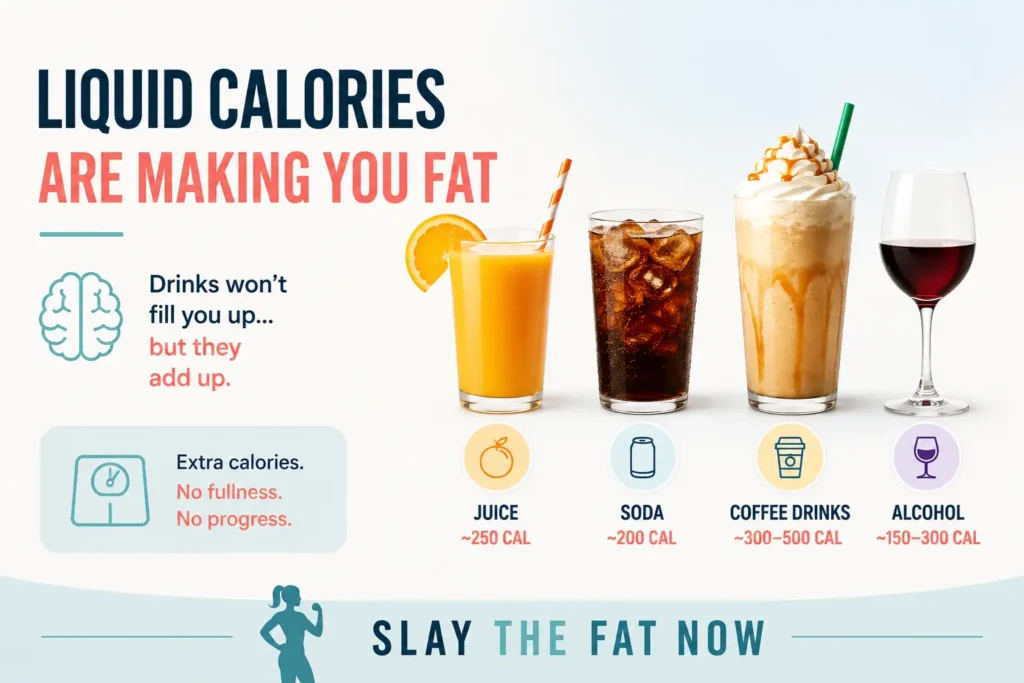 Liquid calories infographic showing juice, soda, coffee, and alcohol adding extra calories without fullness