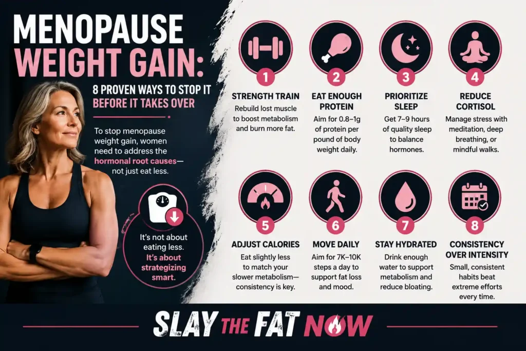 Menopause weight gain infographic showing 8 proven ways to stop hormonal weight gain with fitness, protein, sleep, stress reduction, and healthy lifestyle tips by Slay the Fat Now.