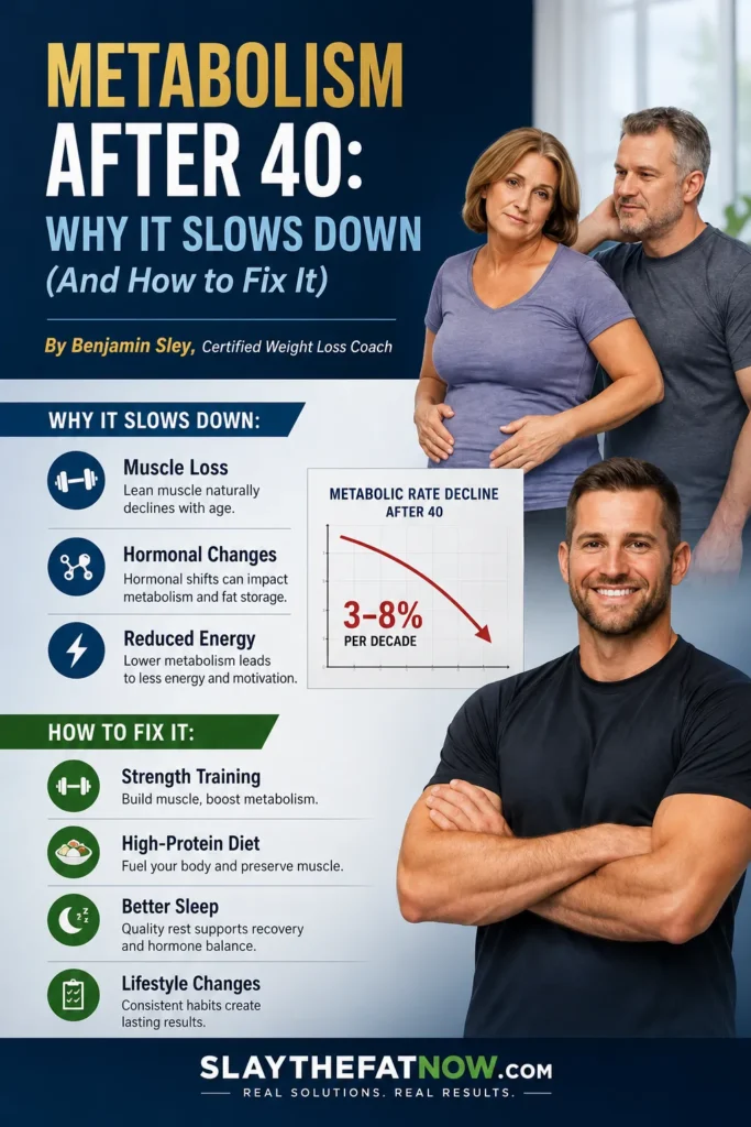 Infographic showing metabolism slowdown after age 40 and solutions like strength training, high-protein diet, sleep improvement, and lifestyle changes