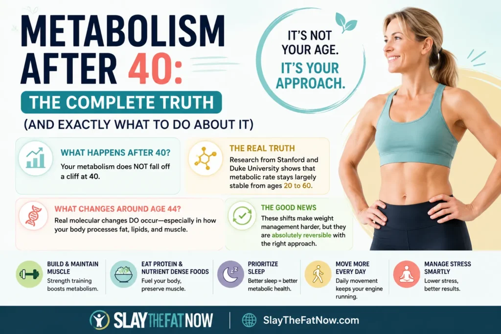 Metabolism after 40 infographic explaining metabolic changes, weight management, and healthy lifestyle tips for adults over 40.