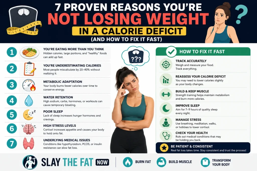 Infographic explaining 7 proven reasons you are not losing weight in a calorie deficit and how to fix weight loss plateaus fast.
