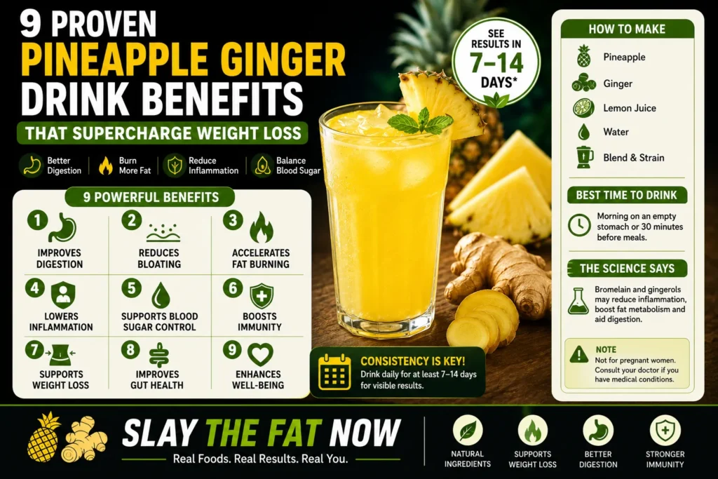 Pineapple ginger drink benefits infographic showing weight loss, digestion support, reduced bloating, improved gut health, and fat burning benefits.