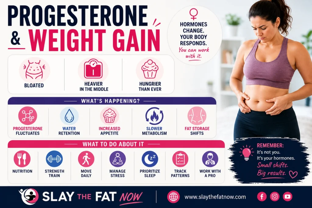 Progesterone and Weight Gain: What Is Actually Happening and What to Do About It | Slay the Fat Now Infographic explaining progesterone and weight gain, showing common symptoms, hormonal changes, and healthy lifestyle strategies to manage weight naturally by Slay the Fat Now.
