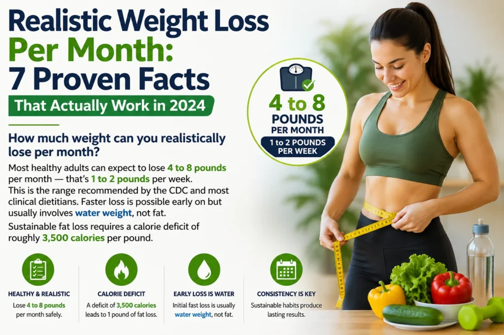Realistic weight loss per month infographic showing healthy fat loss tips, calorie deficit, and safe monthly weight loss goals for 2026