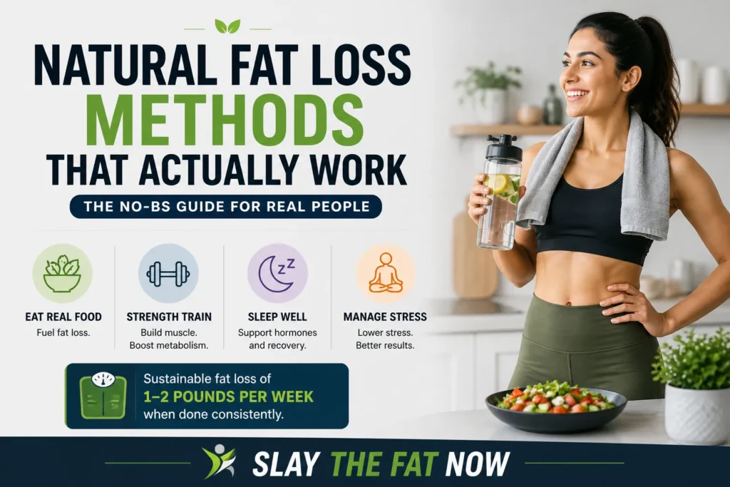 Natural fat loss methods banner showing healthy lifestyle tips with fitness woman and clean design