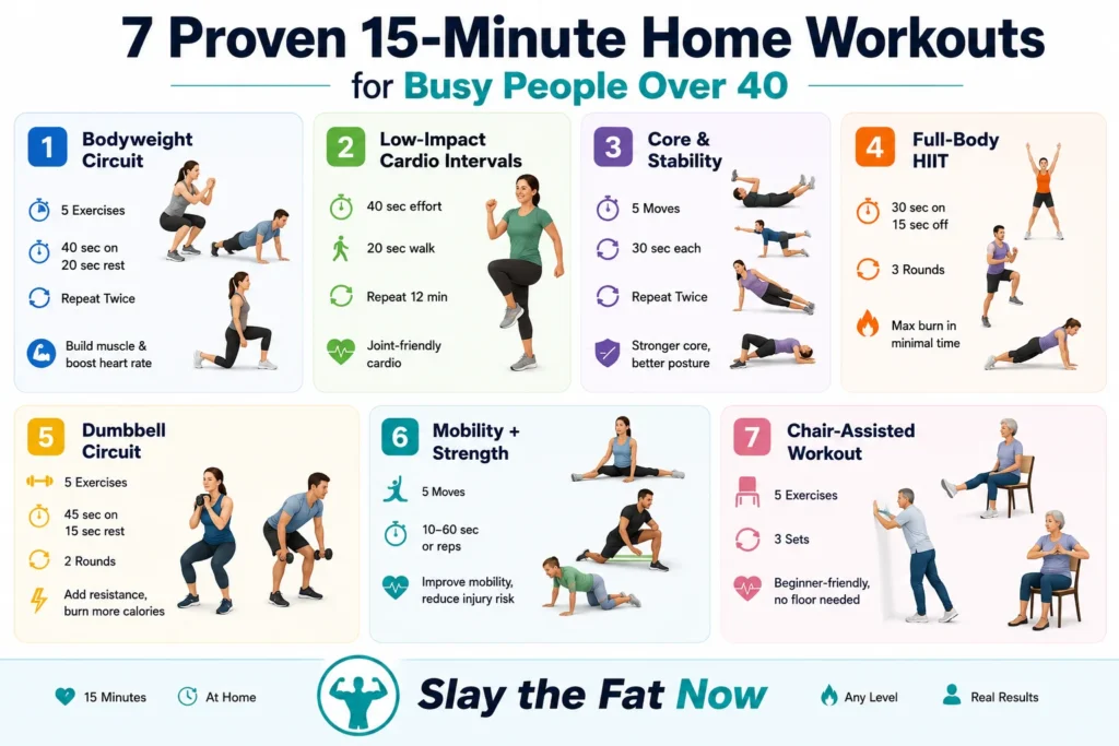 7 Proven 15-Minute Home Workouts for Busy People Over 40 Infographic showing 7 proven 15-minute home workouts for busy people over 40 including bodyweight circuits, cardio, HIIT, mobility, and chair-assisted exercises by Slay the Fat Now.