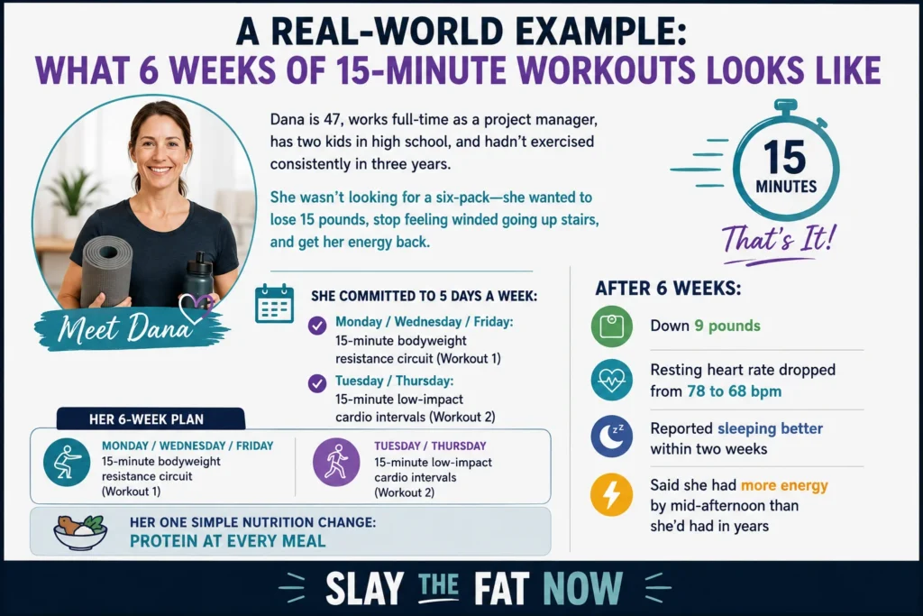 6 Weeks of 15-Minute Workouts Transformation Woman showcasing her 6-week transformation with 15-minute workouts for fat loss after 40 by Slay the Fat Now.