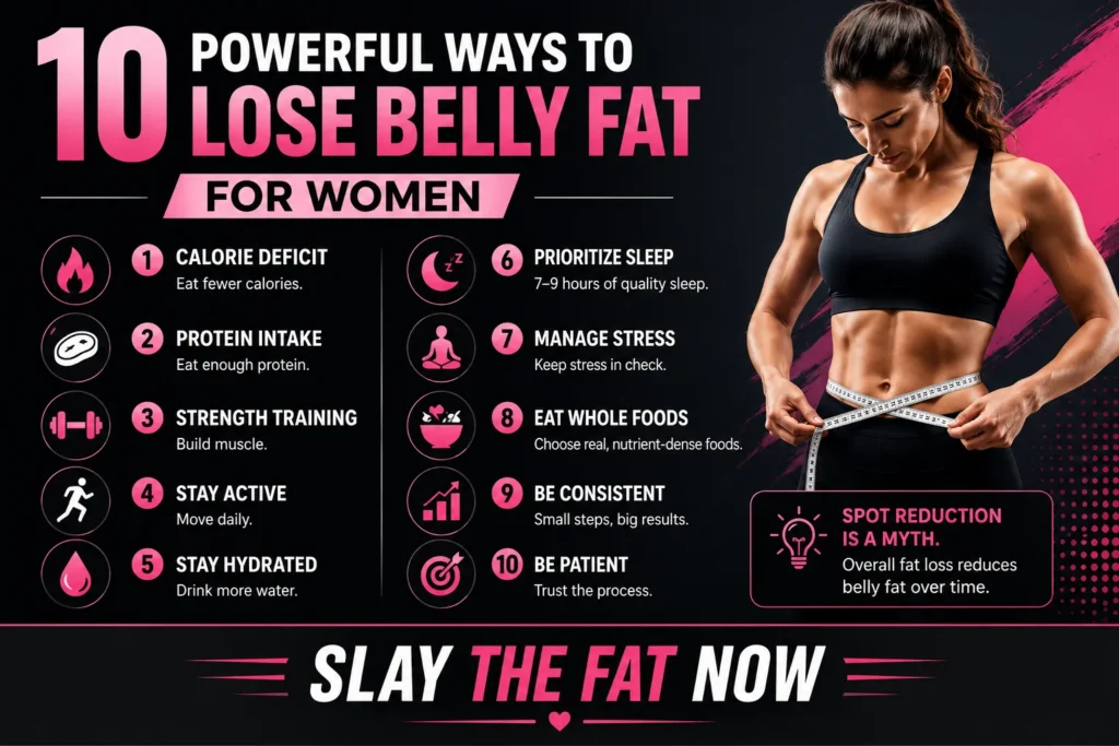Woman measuring waist with 10 powerful ways to lose belly fat for women infographic by Slay the Fat Now