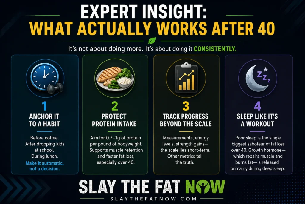Expert Insight: What Actually Works After 40 Expert fitness tips infographic for people over 40 with dark background and healthy fat loss advice by Slay The Fat Now