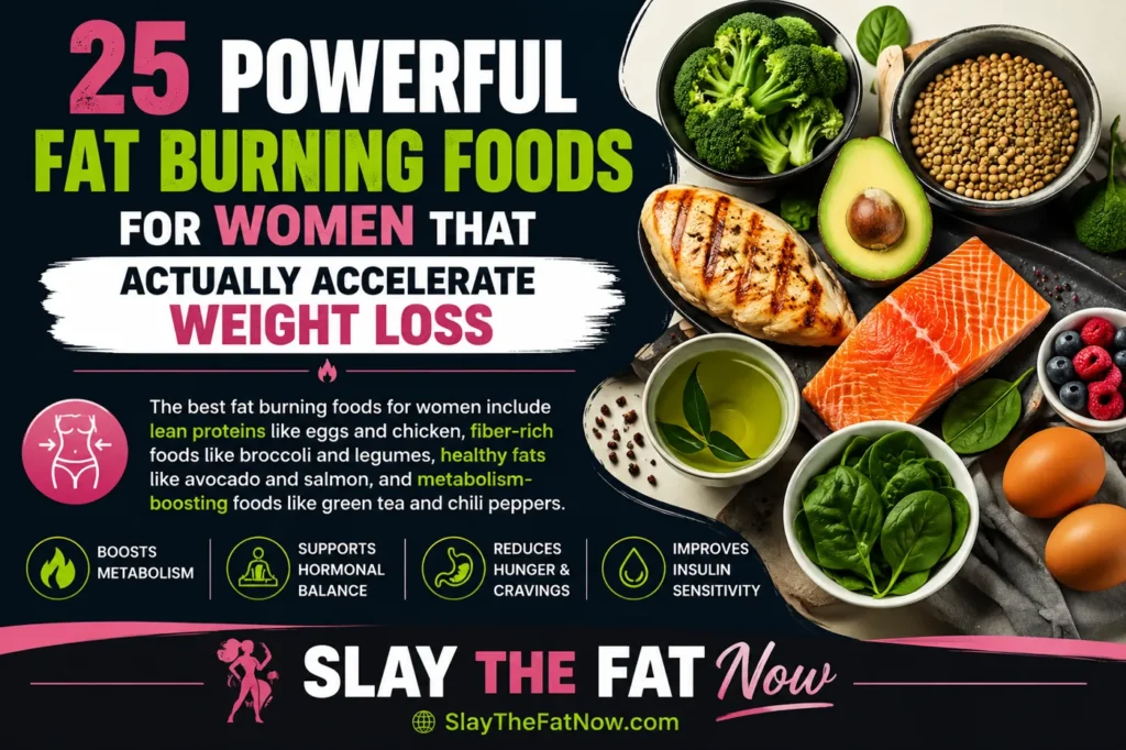 25 powerful fat burning foods for women including salmon, eggs, avocado, broccoli, spinach, and green tea for faster weight loss and metabolism support