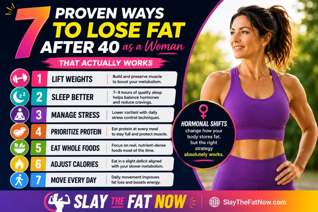 7 proven ways to lose fat after 40 as a woman infographic with fitness woman and fat loss tips by Slay The Fat Now