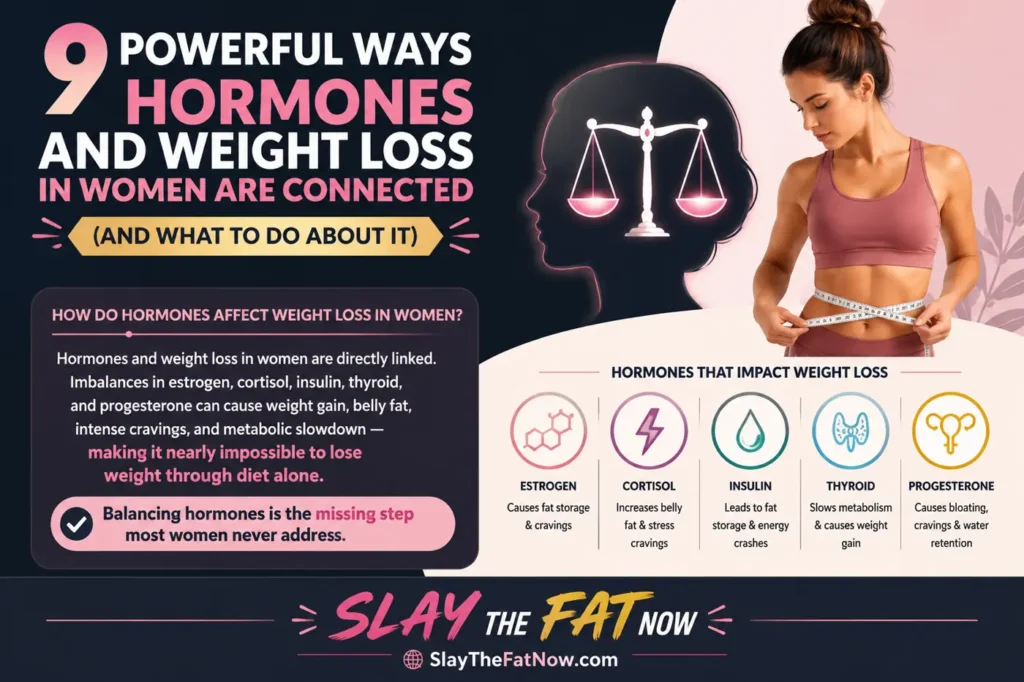 Hormones and weight loss in women infographic showing estrogen, cortisol, insulin, thyroid, and progesterone effects on fat loss and metabolism.