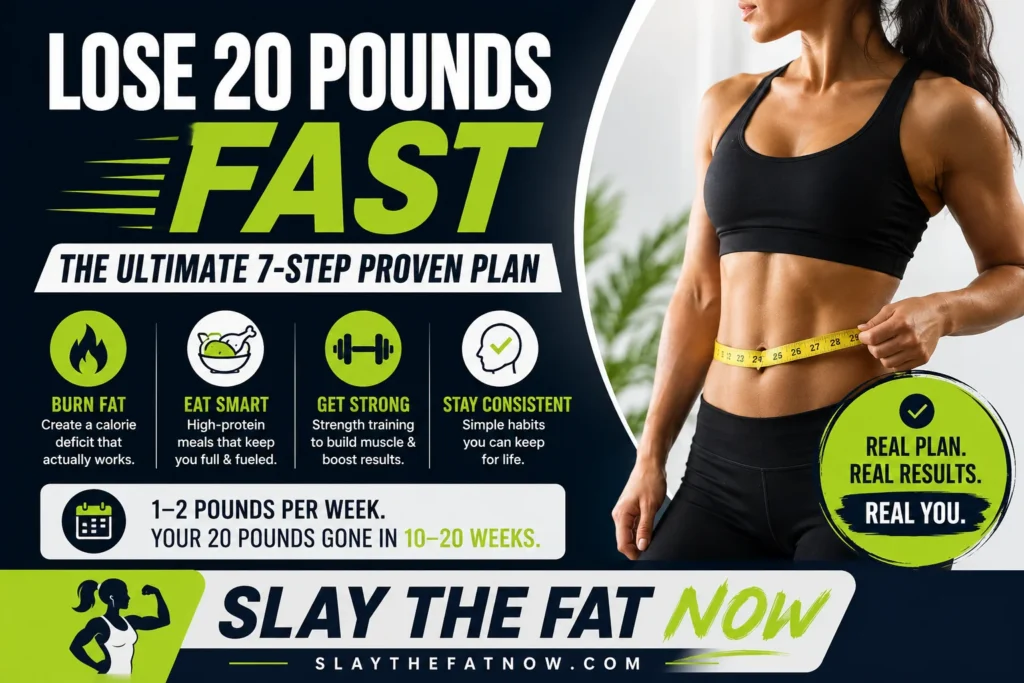 Woman measuring waist with “how to Lose 20 Pounds Fast” fitness infographic for Slay the Fat Now weight loss website