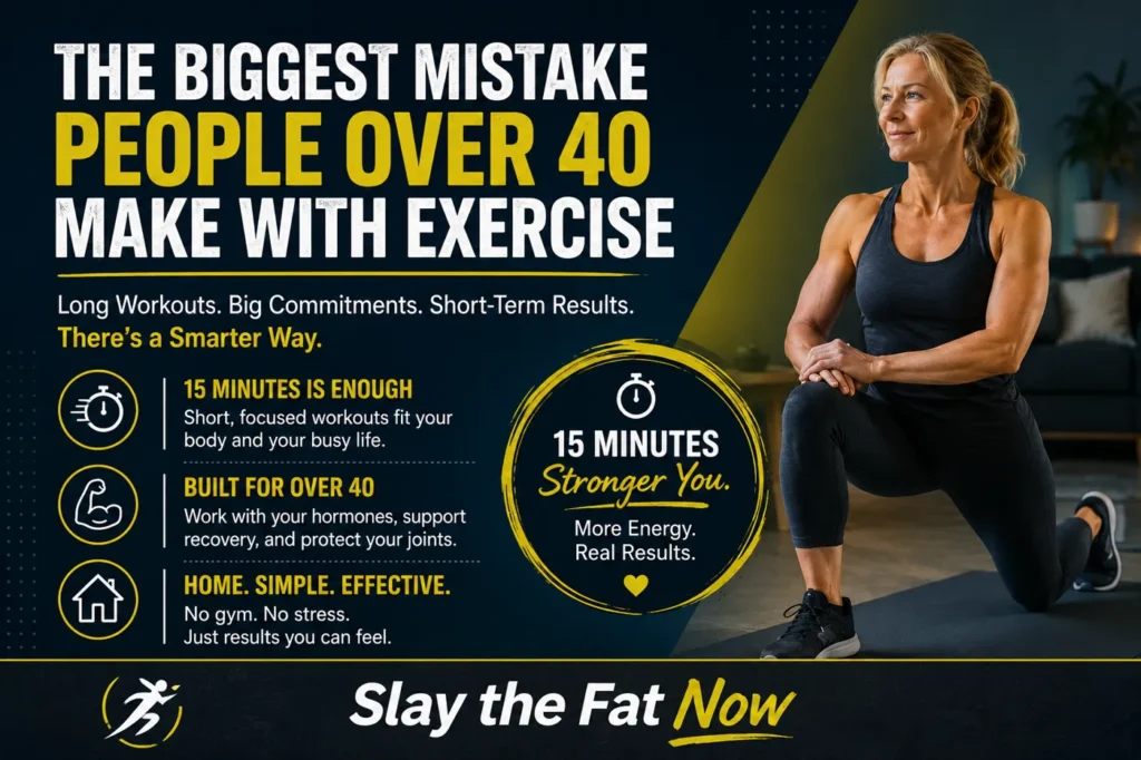 15-Minute Home Workouts Over 40 15-minute home workouts for busy people over 40 by Slay the Fat Now fitness website
