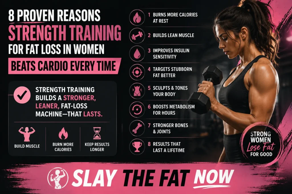 Strength training for fat loss in women infographic showing female weight lifting benefits compared to cardio with dark and pink fitness theme by Slay the Fat Now.