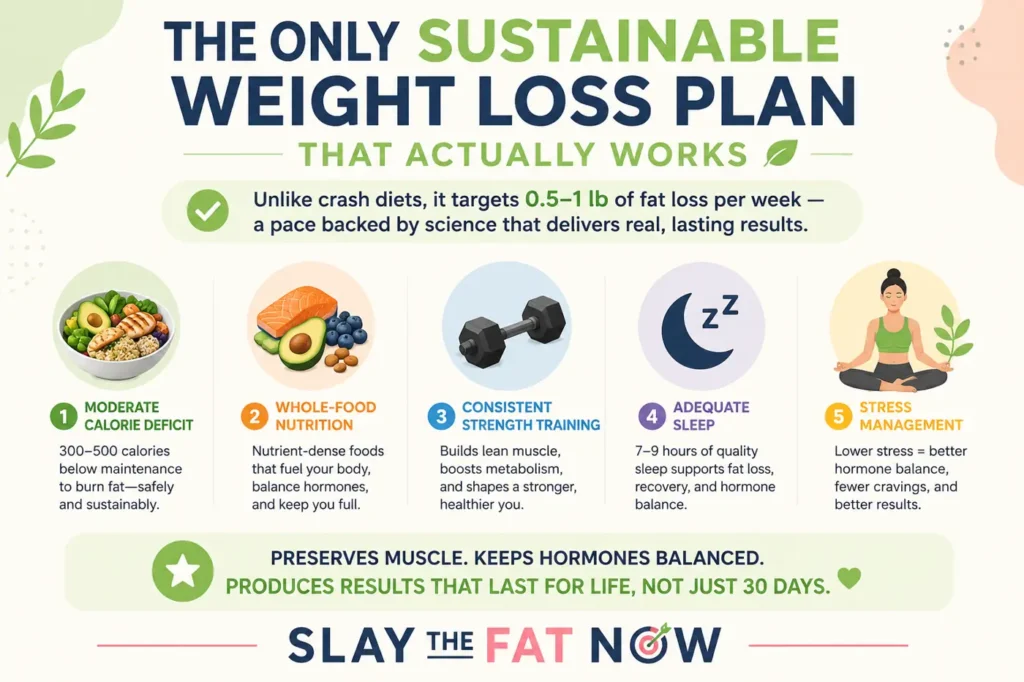 Sustainable weight loss plan infographic with healthy diet, strength training, sleep, and stress management tips by Slay the Fat Now