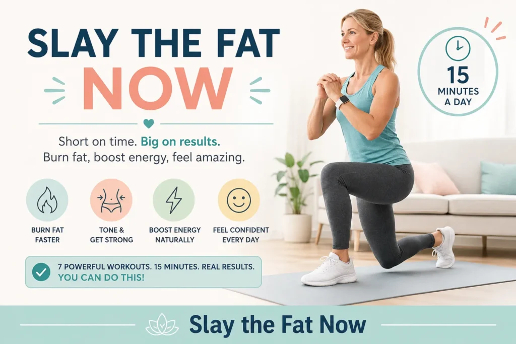 7 Powerful 15-Minute Home Workouts for Busy People Over 40 That Actually Burn Fat. 15-minute home workout banner for busy people over 40 featuring a woman exercising with Slay the Fat Now branding.