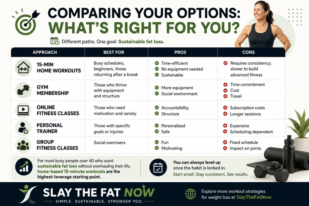 Best Workout Options After 40 15-minute home workout comparison infographic for adults over 40 by Slay The Fat Now showing fitness options, pros, and cons.
