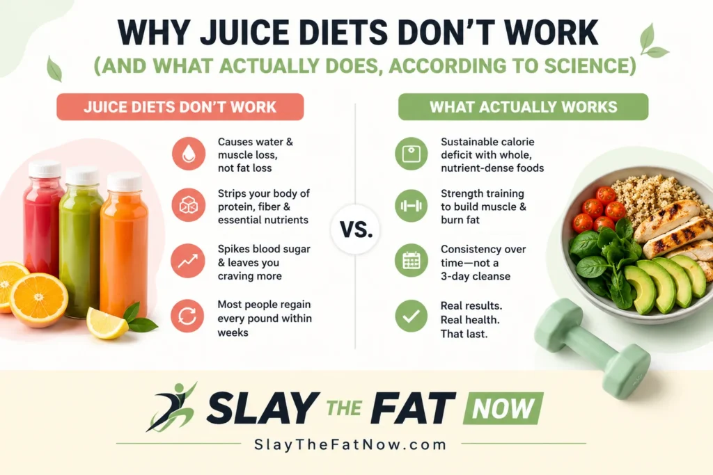 Why juice diets don’t work infographic showing fat loss vs juice cleanse comparison with healthy food and fitness concept