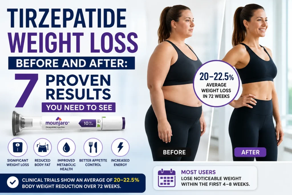 Tirzepatide weight loss before and after transformation showing significant body fat reduction and improved fitness results.