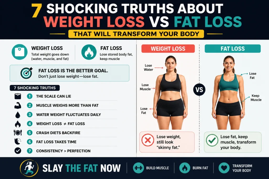 Infographic explaining the difference between weight loss vs fat loss with female body transformation comparison and fat loss tips.