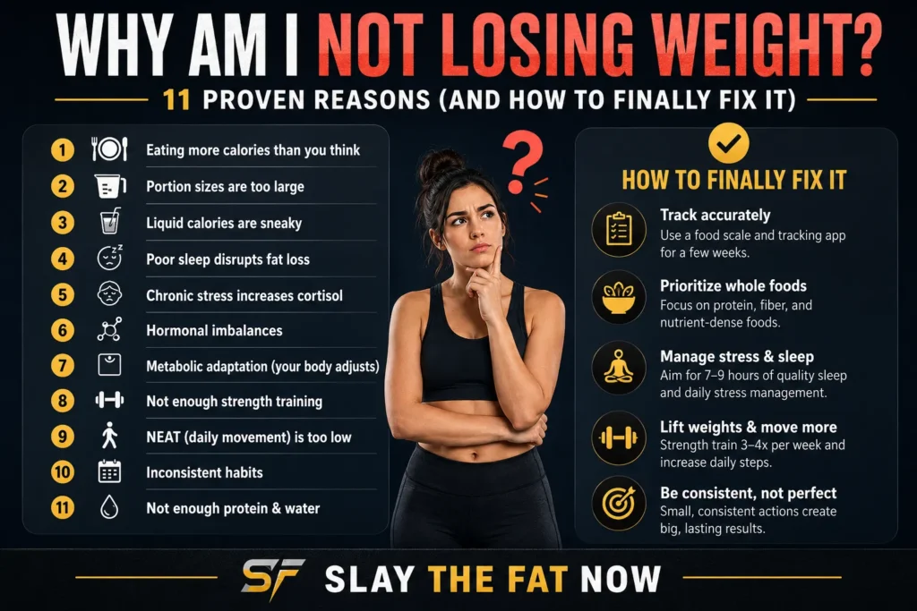 Woman looking confused about weight loss with text explaining 11 proven reasons why you are not losing weight and how to fix it.