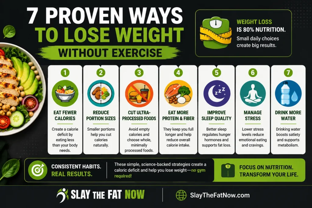 nfographic showing 7 proven ways to lose weight without exercise, including eating fewer calories, reducing portion sizes, avoiding ultra-processed foods, increasing protein and fiber intake, improving sleep quality, managing stress, and drinking more water.