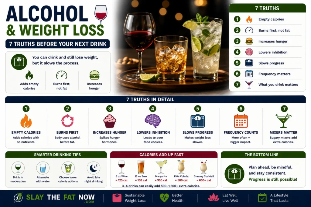 Alcohol and Weight Loss: 7 Truths Before Your Next Drink | Slay The Fat Now Infographic explaining alcohol and weight loss, featuring seven science-backed truths about calories, fat burning, hunger, drink choices, and their impact on sustainable weight loss.