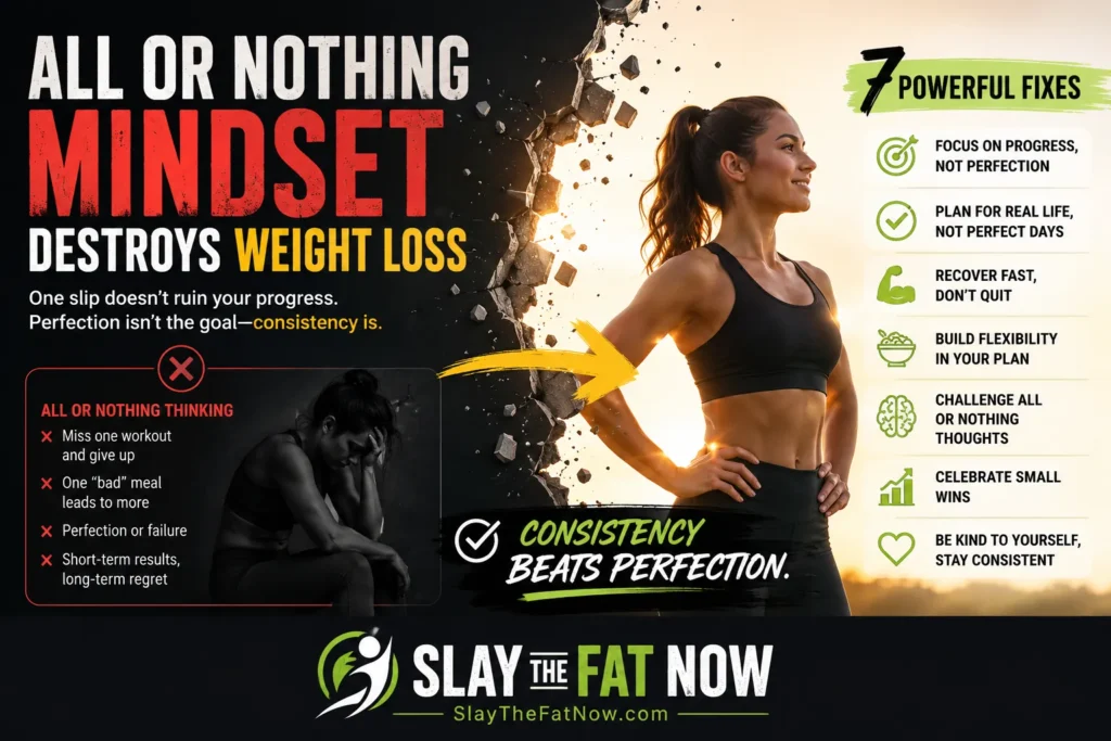 How the All or Nothing Mindset Destroys Weight Loss (And 7 Powerful Fixes) Infographic showing how the all or nothing mindset destroys weight loss and seven powerful fixes to build healthy, sustainable habits and long-term success.
