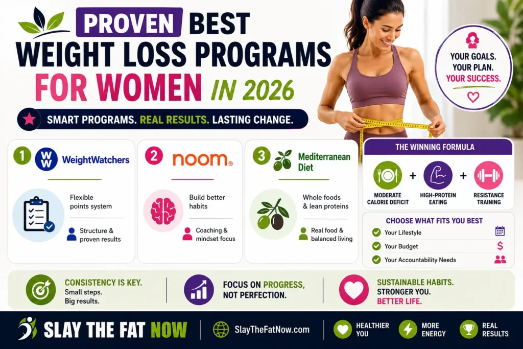 Infographic comparing the best weight loss programs for women in 2026, including WeightWatchers, Noom, and the Mediterranean Diet, with guidance on choosing the right program.