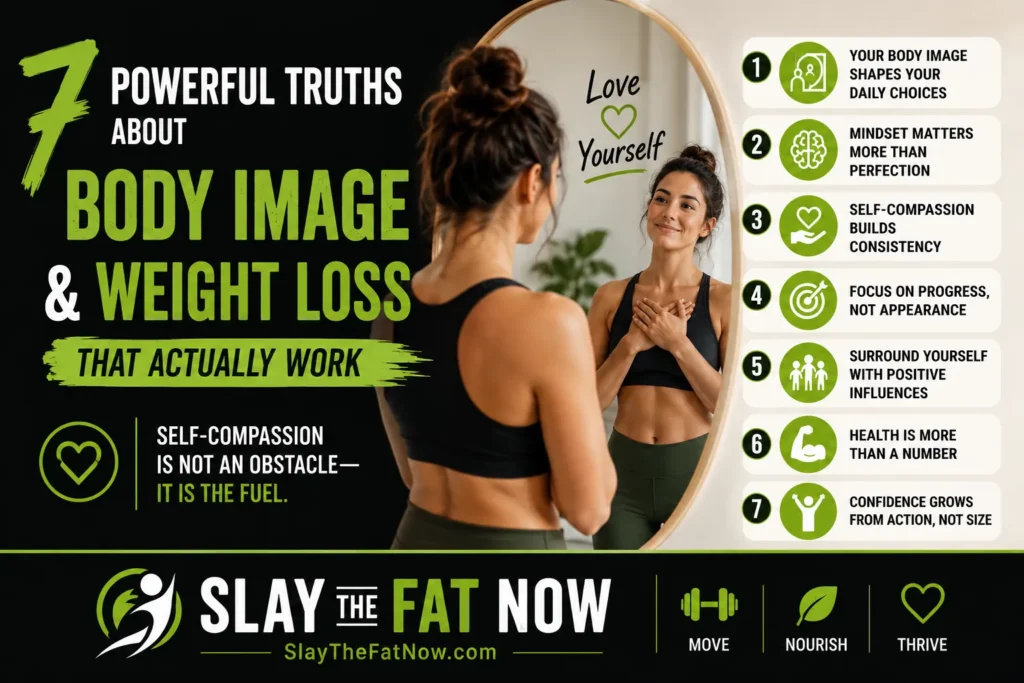 7 Powerful Truths About Body Image and Weight Loss That Actually Work Infographic about body image and weight loss showing seven powerful truths that promote self-compassion, confidence, and sustainable weight loss habits.