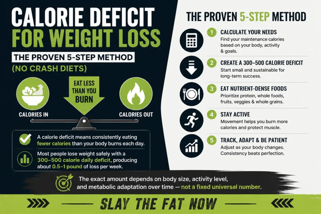 Calorie Deficit for Weight Loss: The Proven 5-Step Method Infographic explaining calorie deficit for weight loss with a proven 5-step method, showing how eating fewer calories than you burn helps achieve sustainable fat loss without crash diets.