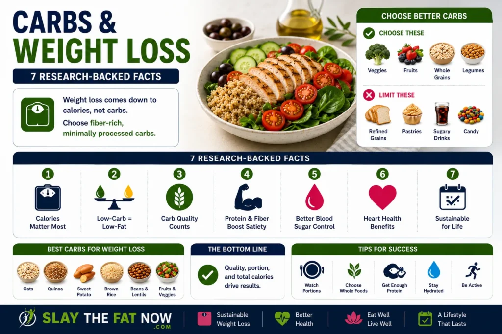 Infographic explaining carbs and weight loss, comparing healthy and refined carbohydrates, and highlighting seven research-backed facts about calories, fiber, protein, and sustainable fat loss.