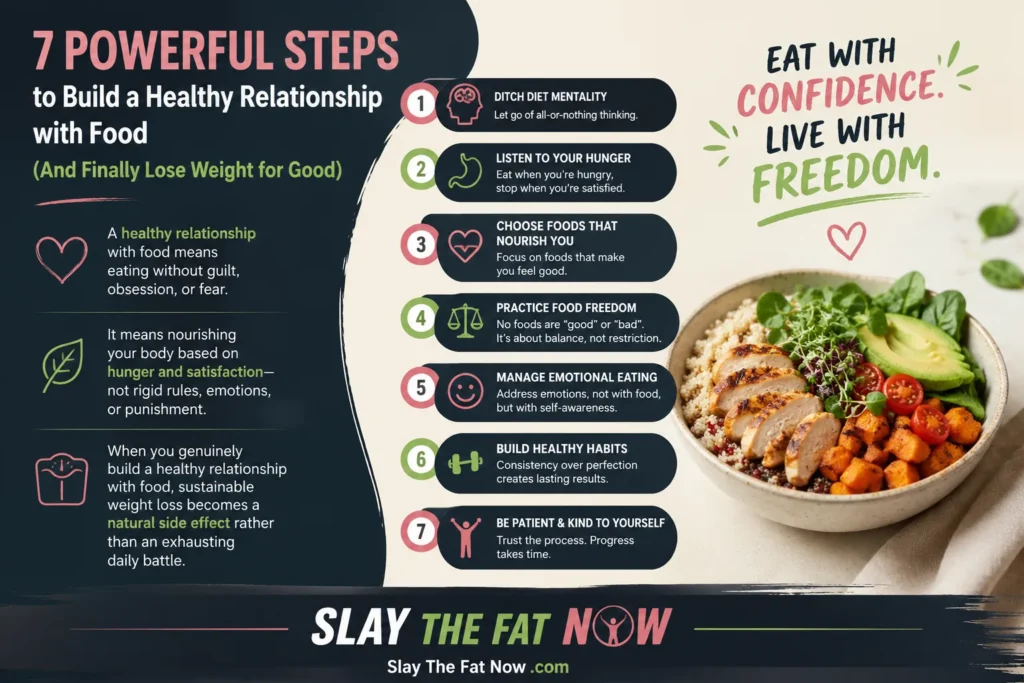 Healthy Relationship with Food: 7 Powerful Steps for Sustainable Weight Loss Healthy relationship with food infographic showing 7 powerful steps to overcome food guilt, emotional eating, and build sustainable weight loss habits by Slay The Fat Now.