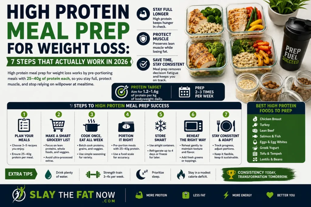 Infographic about high protein meal prep for weight loss featuring seven meal prep steps, protein-rich foods, portion control, and healthy meal planning for sustainable fat loss.