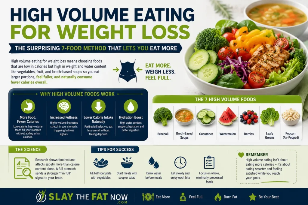 High Volume Eating for Weight Loss: The Surprising 7-Food Method That Lets You Eat More | Slay The Fat Now Infographic about high volume eating for weight loss featuring seven low-calorie, high-volume foods that help increase fullness, reduce calorie intake, and support healthy fat loss naturally.