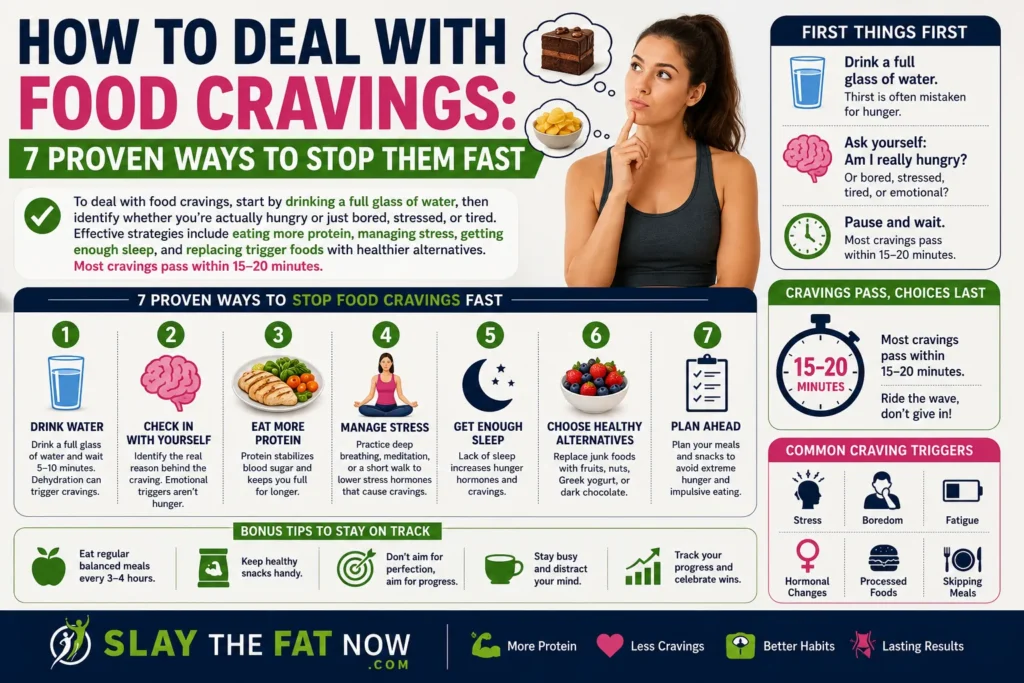Infographic explaining how to deal with food cravings using seven proven strategies, including drinking water, eating more protein, managing stress, improving sleep, and choosing healthier food alternatives.