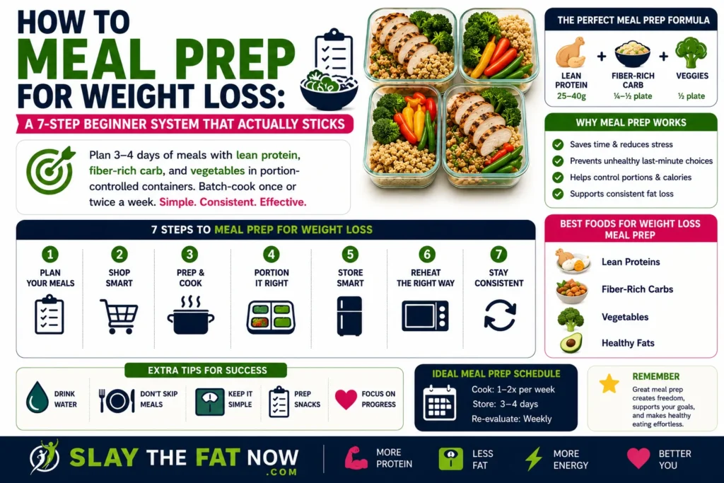how-to-meal-prep-for-weight-loss-7-step-system-slay-the-fat-now Infographic showing how to meal prep for weight loss with a simple seven-step system, portion-controlled meals, lean protein, fiber-rich carbohydrates, vegetables, and healthy meal planning tips.