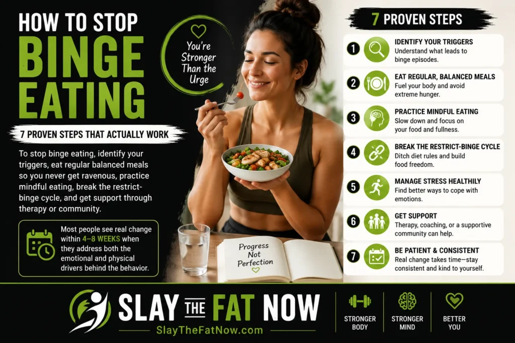 Infographic showing how to stop binge eating with seven proven steps including identifying triggers, mindful eating, balanced meals, and getting support.