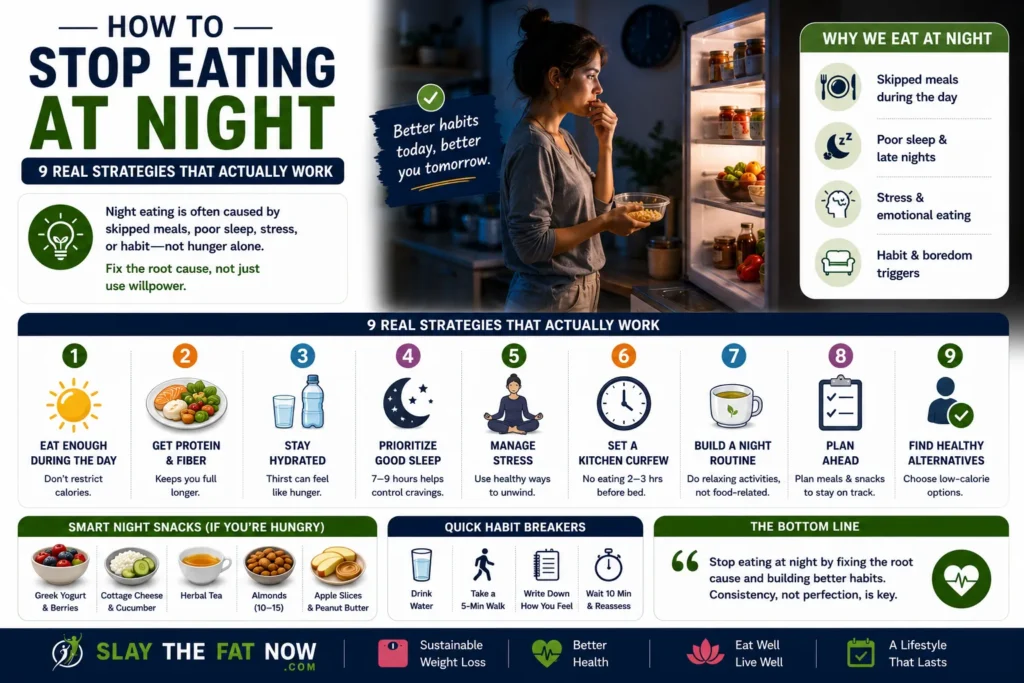 How to Stop Eating at Night: 9 Real Strategies That Actually Work | Slay The Fat Now Infographic explaining how to stop eating at night with nine practical strategies, healthy bedtime habits, sleep improvement tips, stress management, and nighttime craving solutions for weight loss.