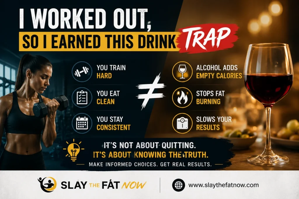 Alcohol and Weight Loss: The "I Worked Out, So I Earned This Drink" Trap | Slay the Fat Now Alcohol and weight loss infographic showing a woman after a workout beside a glass of wine explaining the "I Worked Out, So I Earned This Drink" trap by Slay the Fat Now.