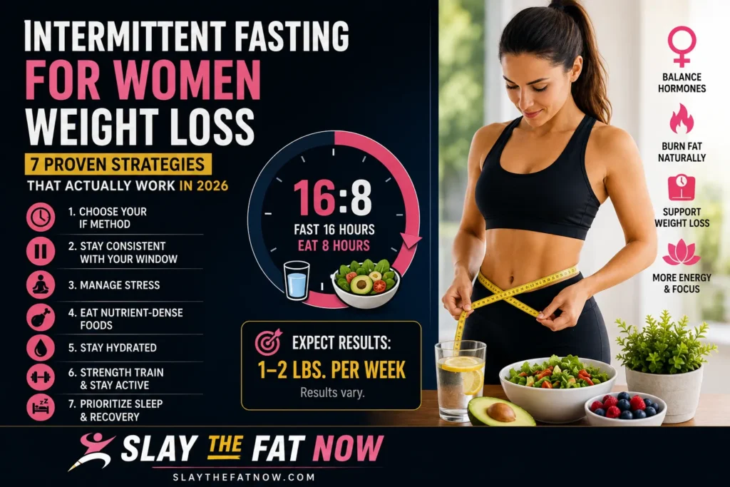 Intermittent Fasting for Women Weight Loss: 7 Proven Strategies That Actually Work in 2026 Intermittent fasting for women weight loss infographic showing the 16:8 fasting method, healthy eating habits, and proven strategies for sustainable fat loss in 2026.
