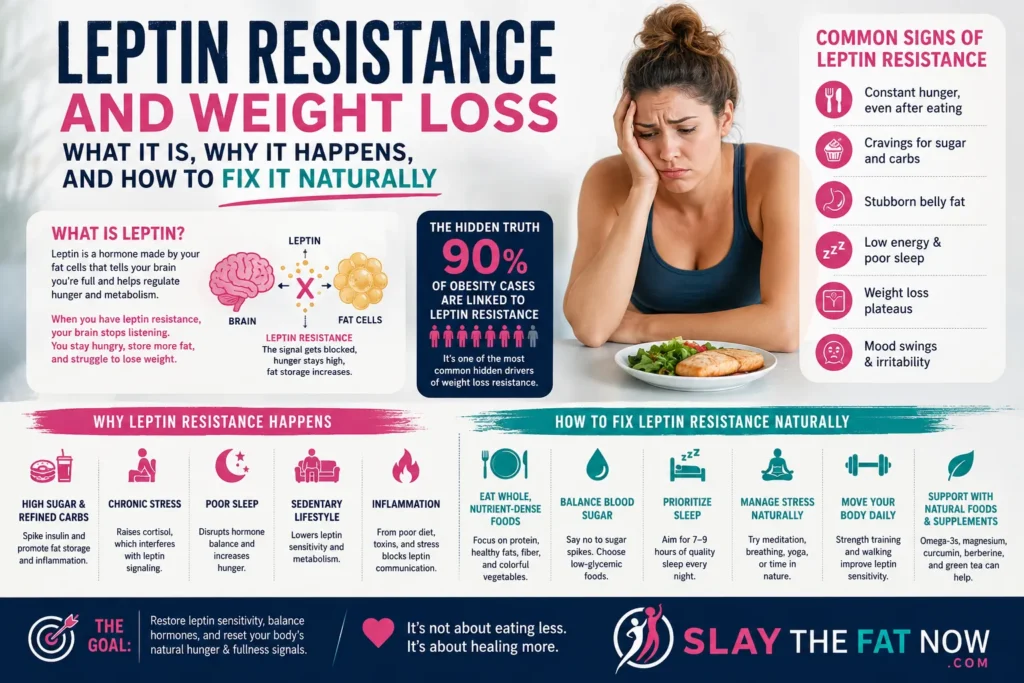Infographic explaining leptin resistance and weight loss, including symptoms, causes, hormone signaling, and natural ways to improve leptin sensitivity through diet, sleep, exercise, and stress management.
