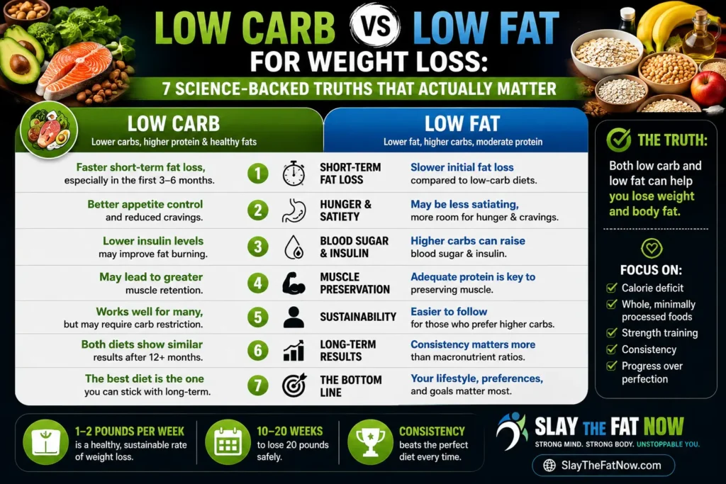 Low Carb vs Low Fat for Weight Loss: 7 Science-Backed Truths That Actually Matter Low carb vs low fat for weight loss infographic comparing the benefits, drawbacks, and long-term results of both diet approaches for sustainable fat loss.